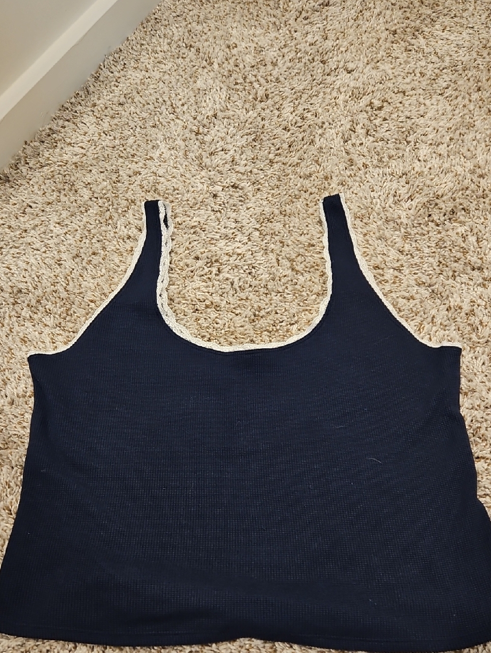 Gilly Hicks Navy Ribbed Tank with Cream Lace Trim
